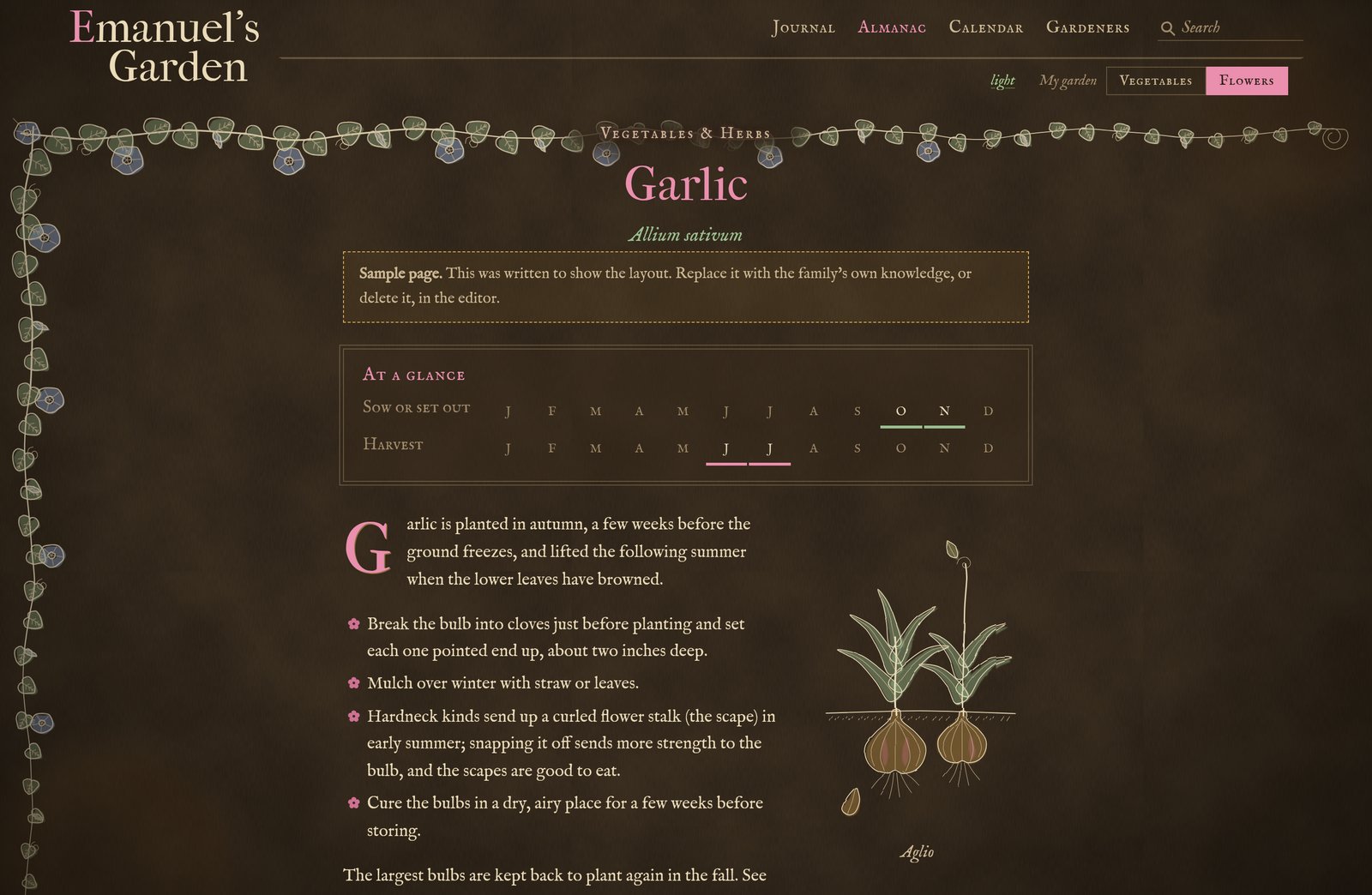 The Garlic Almanac page in the dark theme, with a calendar at a glance, growing advice and an ink-and-wash drawing of two garlic plants captioned Aglio