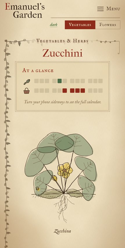 The Zucchini Almanac page on an upright phone, with a compact calendar of colored squares above the zucchini drawing