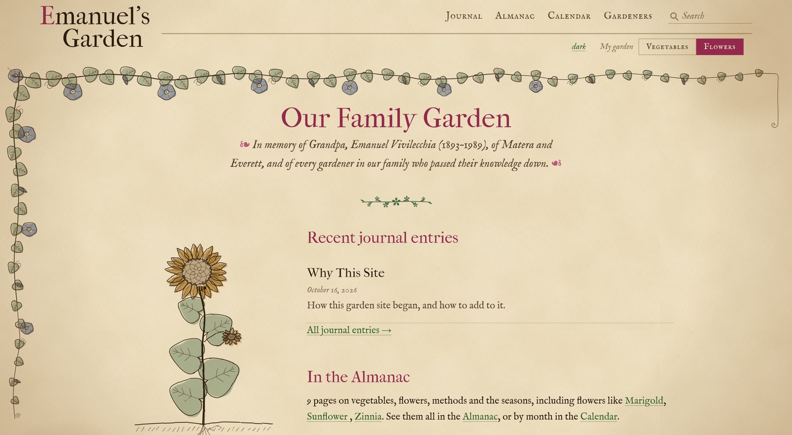 The Emanuel's Garden home page on parchment, with a dedication to Grandpa, a hand-drawn sunflower beside the recent journal entries and Almanac links, and a flowering vine along the top and left edges