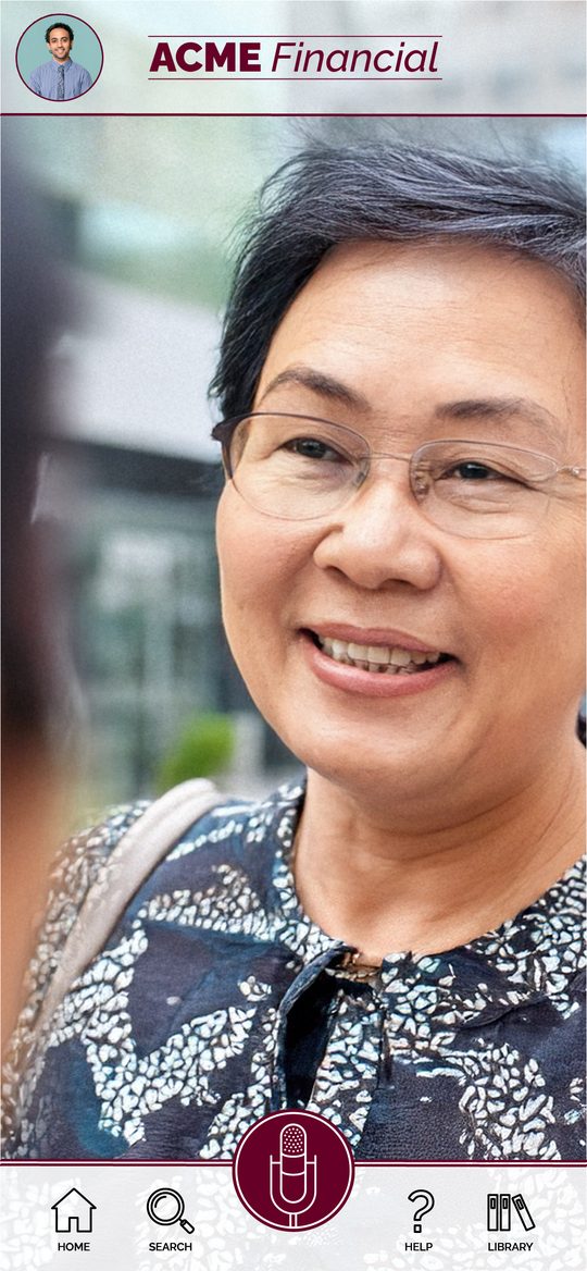 FinEd app screen showing a smiling woman in conversation, full screen, with a microphone button and navigation along the bottom