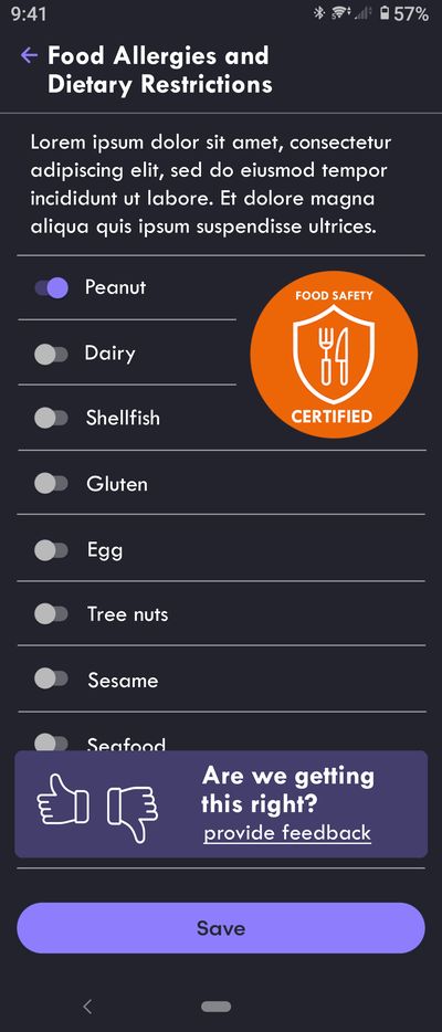 Settings screen for food allergies and dietary restrictions, with toggles for common allergens, a food safety certified badge and a feedback prompt