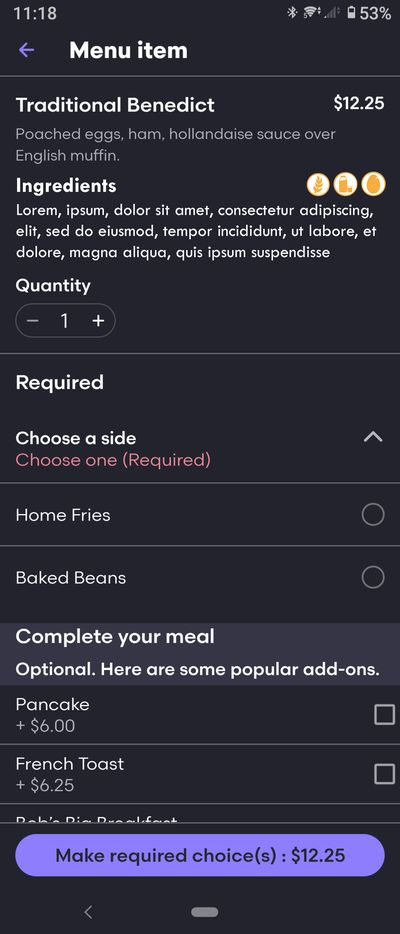 Menu item screen with allergen icons beside the ingredients