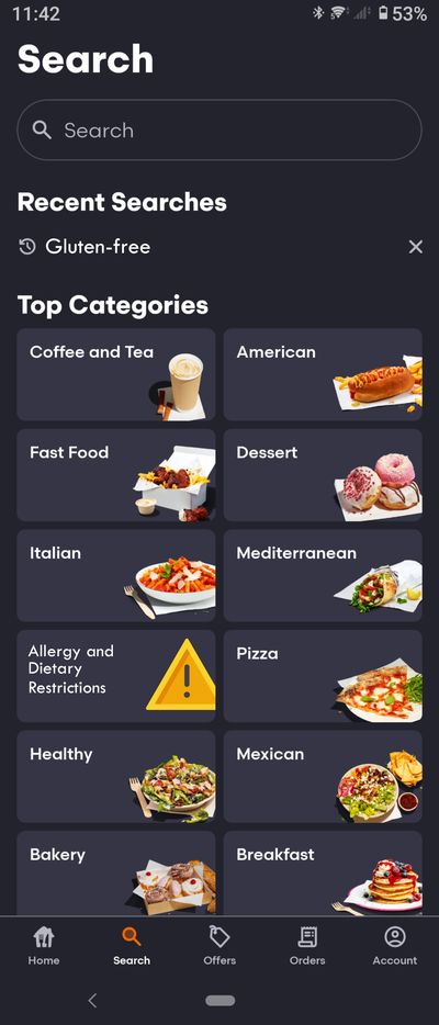 Search screen with a new Allergy and Dietary Restrictions category among the top categories